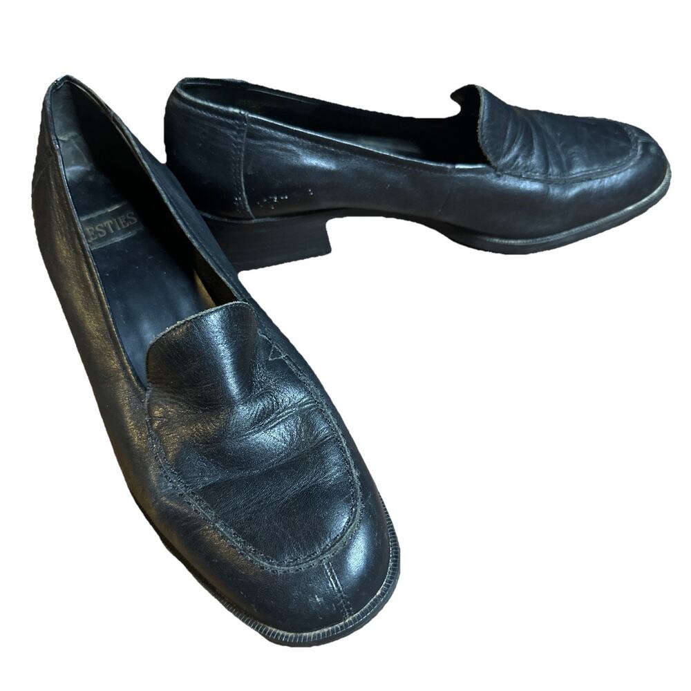 Vintage 90s Y2K Westies Black Leather Chunky Block Heel Loafers 9 Narrow